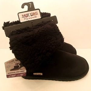 MUK LUKS Faux-Fur Lined BLACK KNIT SLIPPER Fold-Down Boots